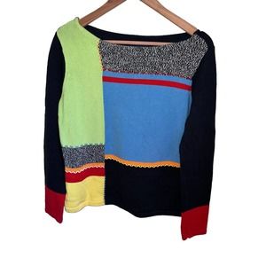 Crazy Horse Women's Multicolor Abstract Block Print Sweater Knit Crochet Sz M